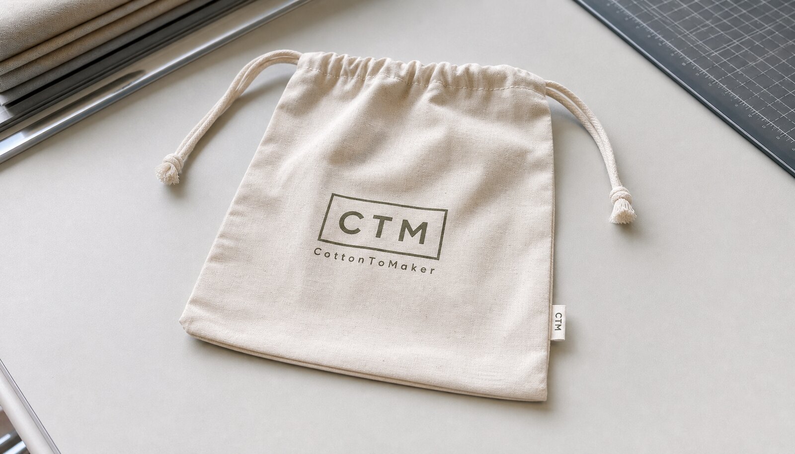 Natural cotton drawstring pouch with a simple CTM/CottonToMaker logo printed on the bag in a factory sample room