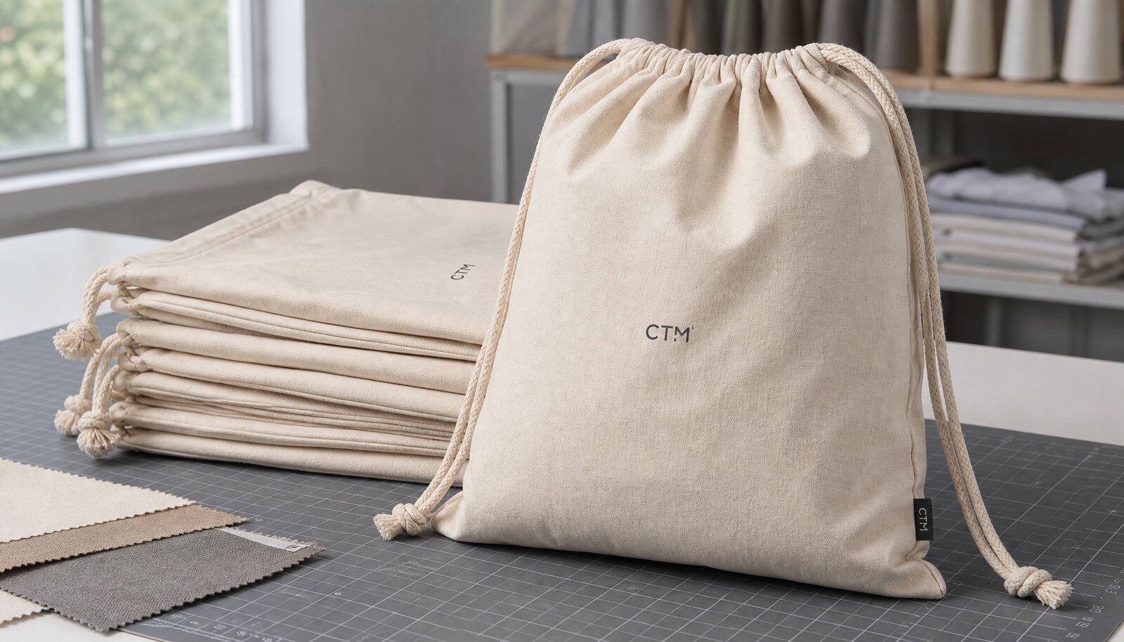 Natural cotton drawstring bag with a simple CTM logo printed directly on the front in a factory sample room.