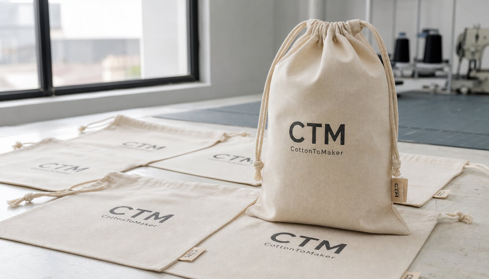 Cotton drawstring bags with a simple CTM printed logo displayed in a factory sample room