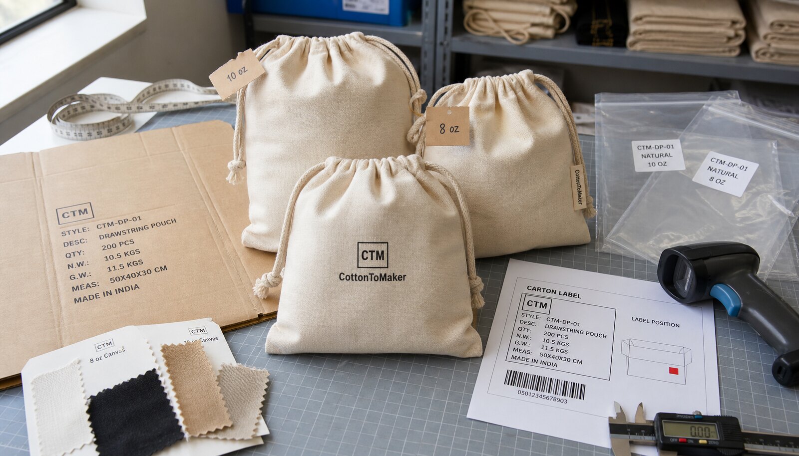 Cotton drawstring pouch samples with CTM logo beside carton barcode proof sheet and packing materials