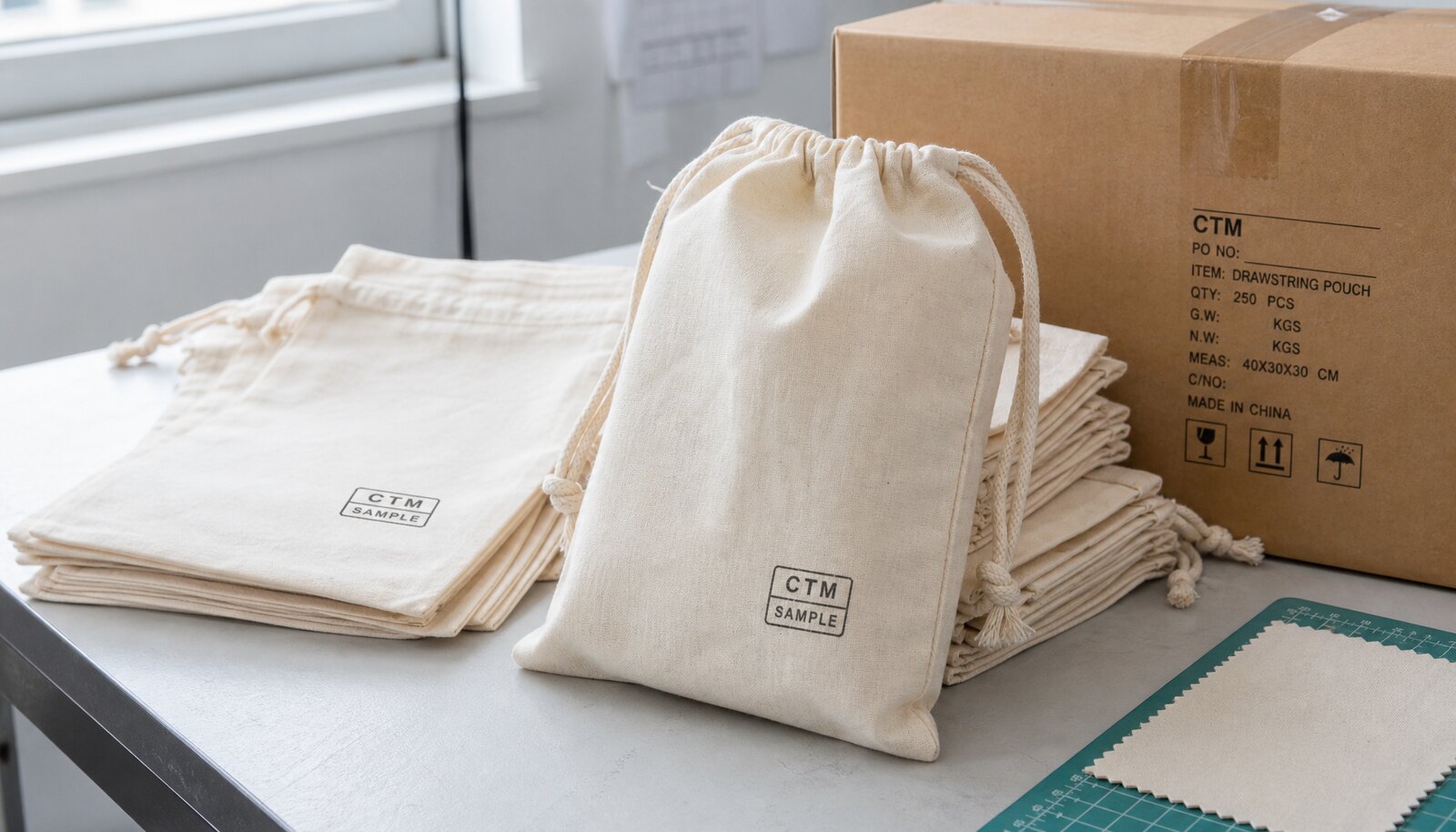 Cotton drawstring pouches with CTM sample logo arranged beside export carton in factory sample room