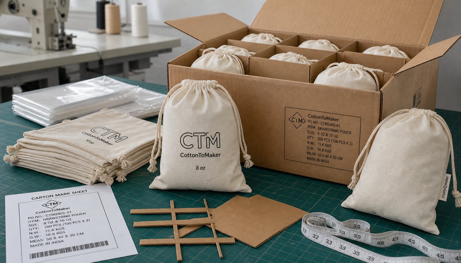 Cotton drawstring pouches with CTM sample logo packed beside an export carton in a factory sample room
