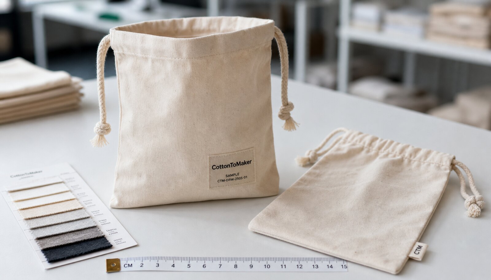 Natural cotton drawstring pouch sample with CTM logo, cord drawstring, fabric swatches, and measuring tape in a factory sample room