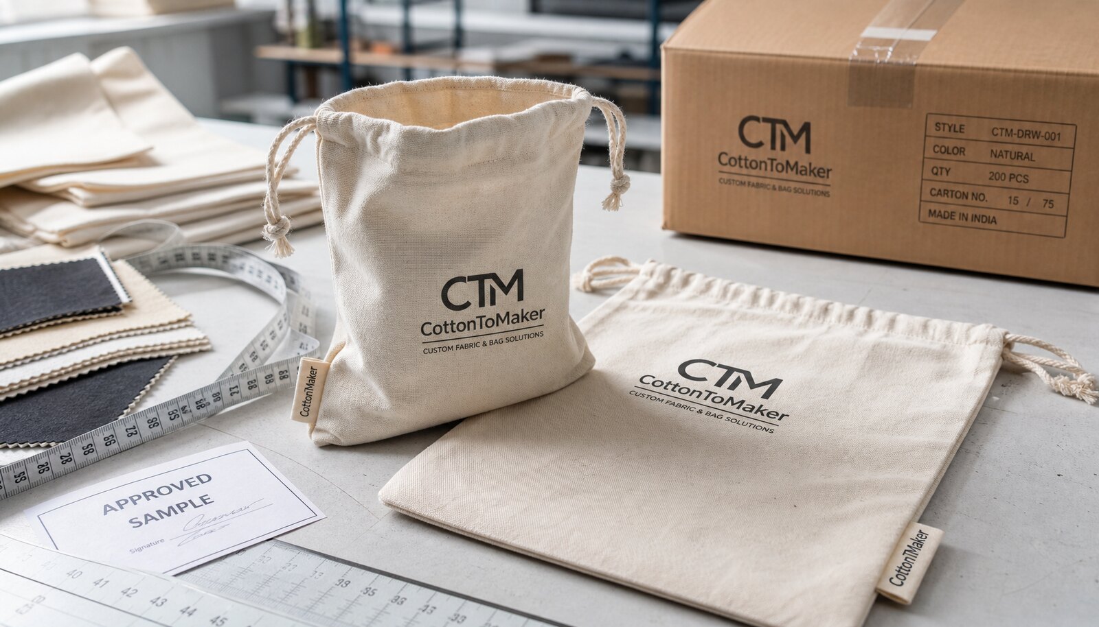 Natural cotton drawstring pouch sample with CTM logo, fabric swatches, measuring tape, and approval tag in a factory sample room