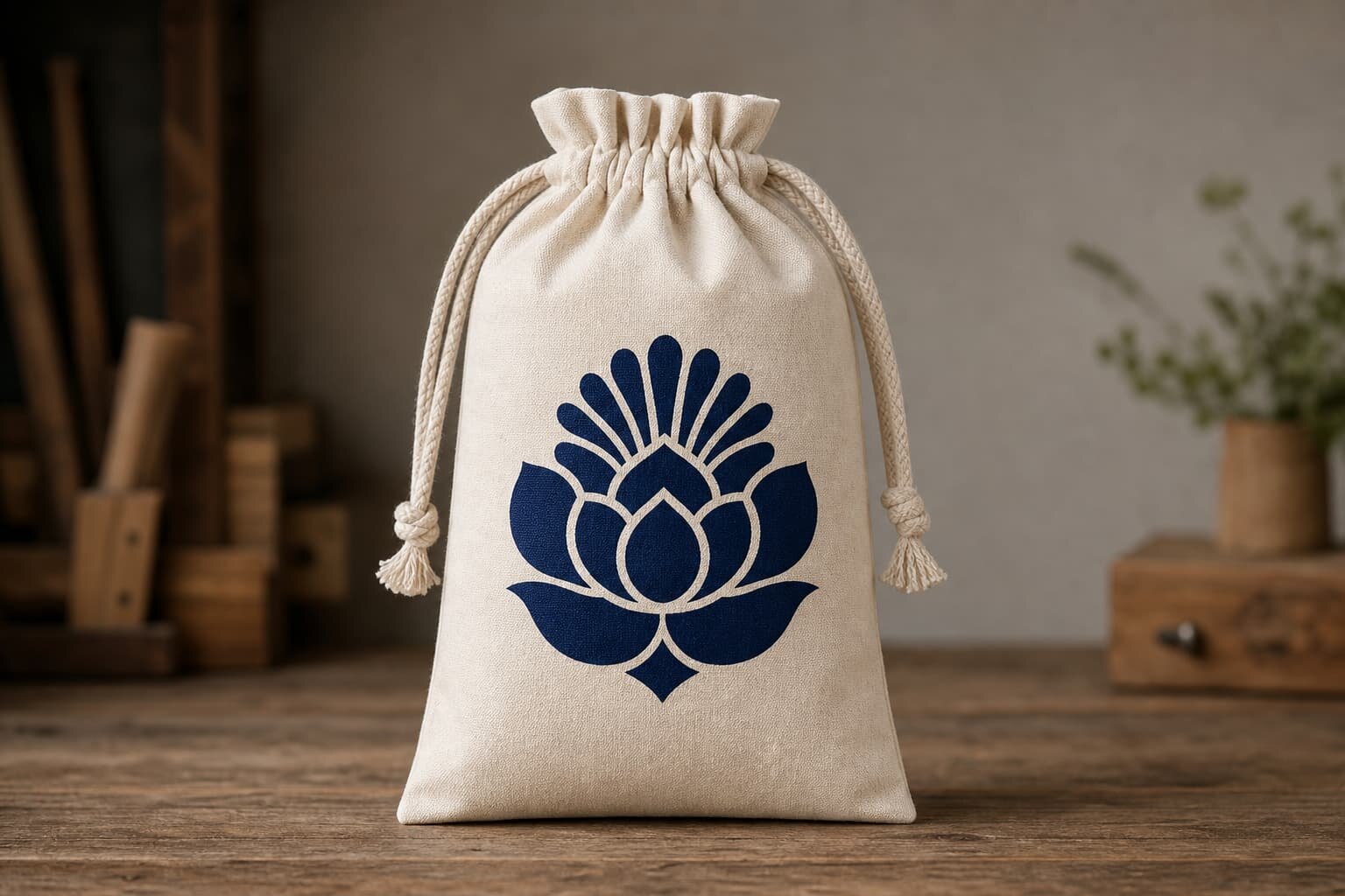 Natural cotton drawstring pouch with CTM sample logo screen printed in a factory sample room