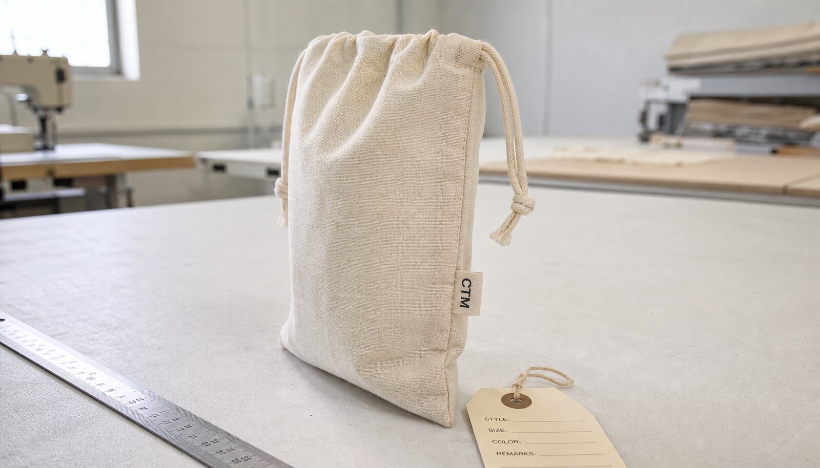 Natural cotton drawstring pouch in a factory sample room showing the side seam and a small CTM woven side label.