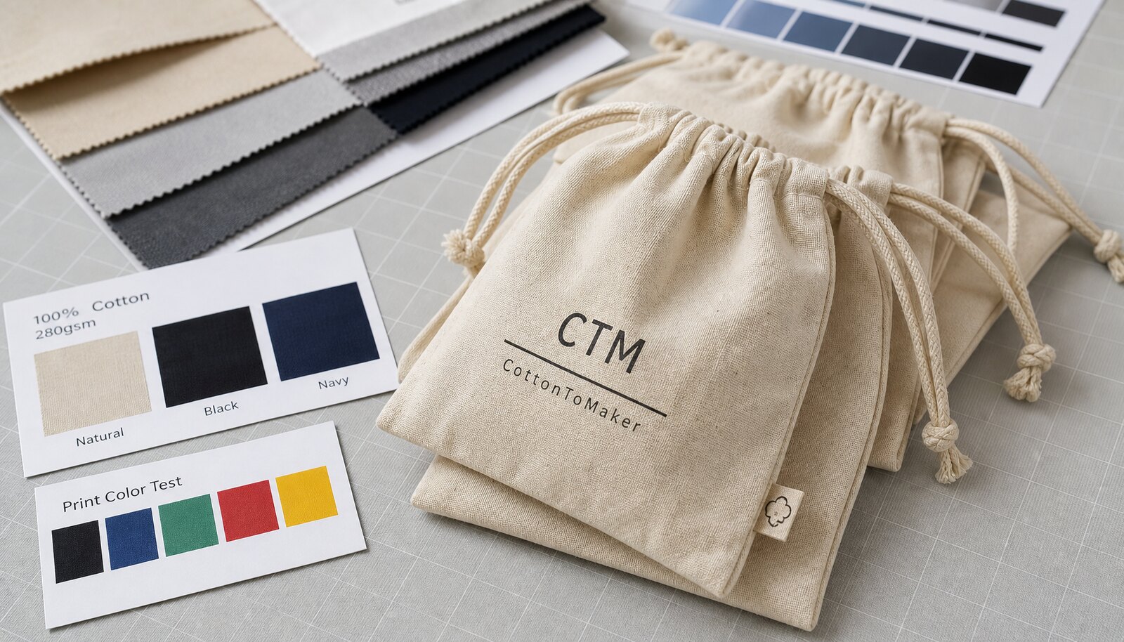 Cotton drawstring pouch with a simple CTM sample logo printed directly on the bag in a factory sample room