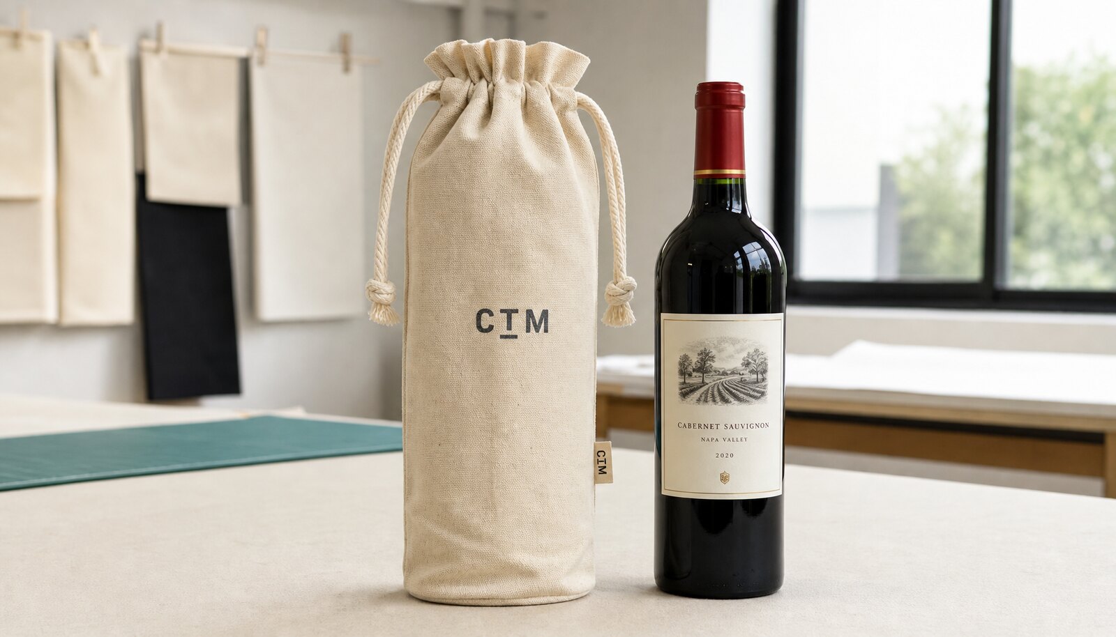 Natural cotton drawstring wine bag with a CTM logo beside a wine bottle in a factory sample room.