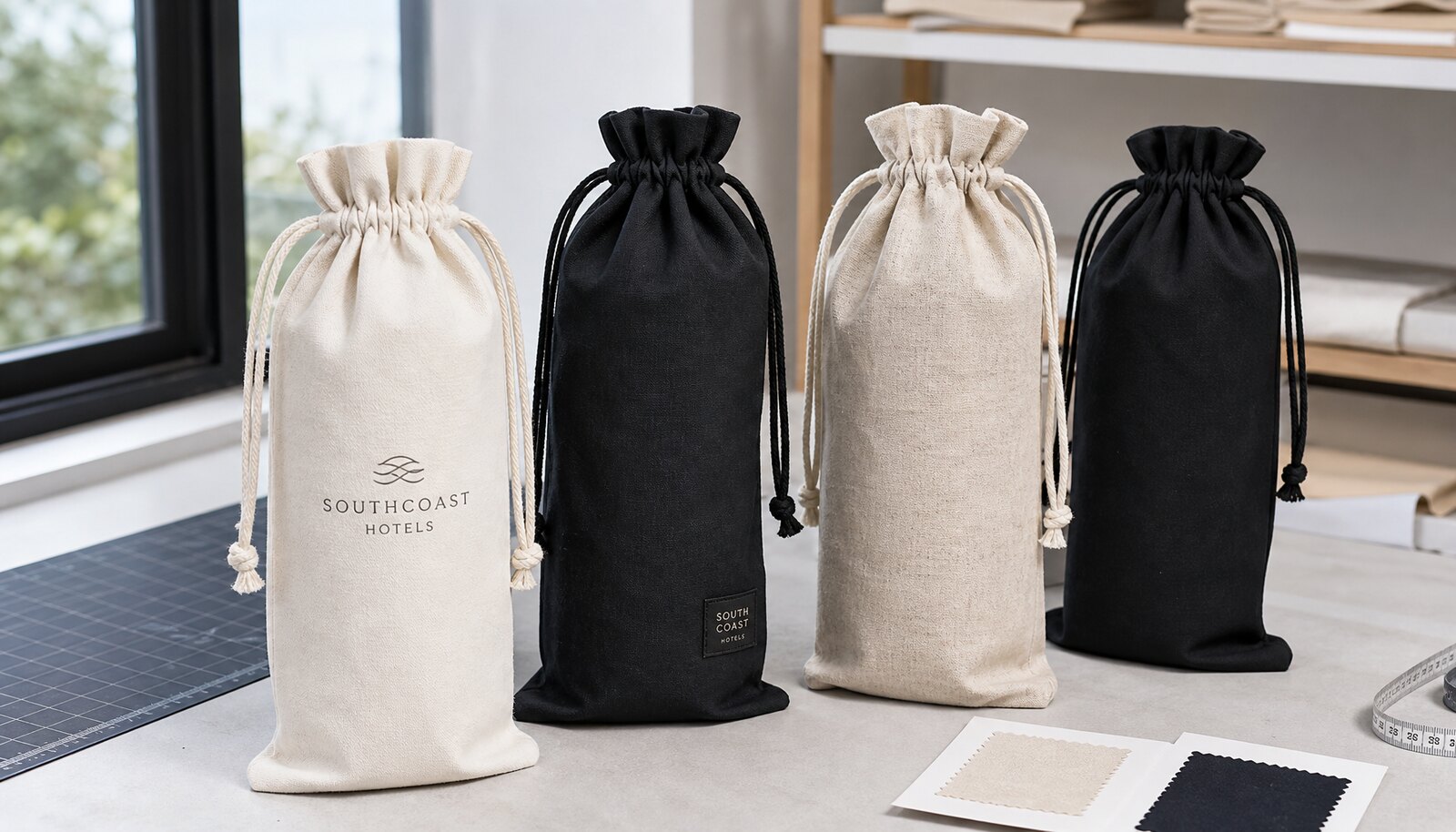 Photorealistic drawstring wine bags for hotels with a small sample label in a clean sample room