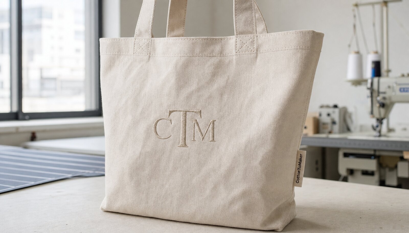 Natural canvas tote with a simple CTM logo embroidery and side label in a factory sample room.