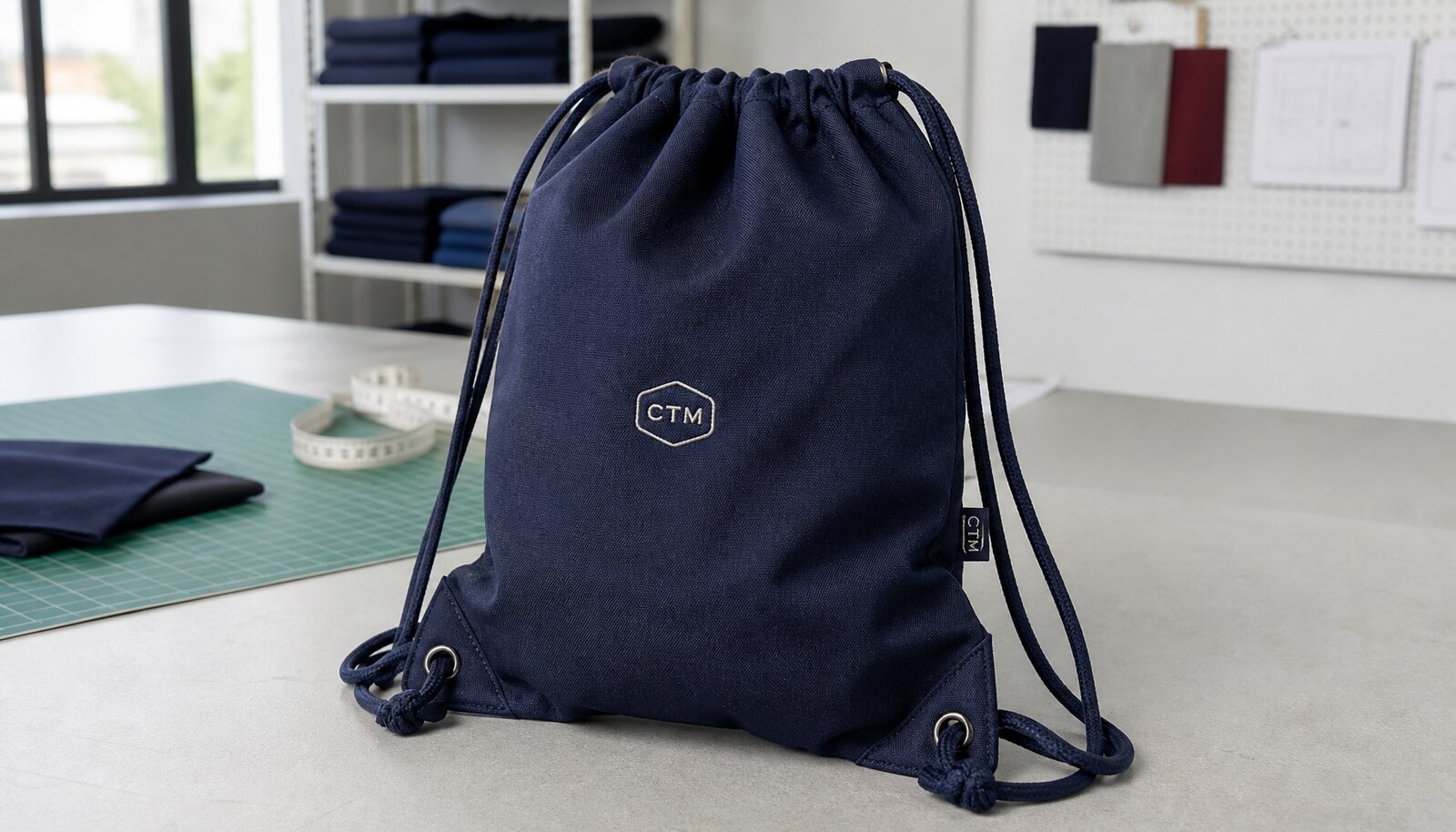 Embroidered drawstring backpack with CTM logo in a clean factory sample room