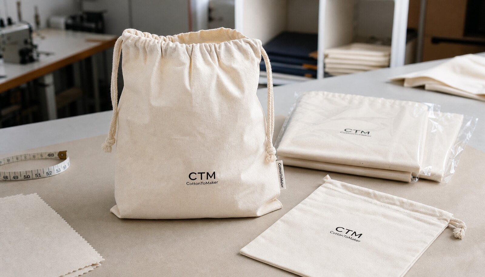 Natural cotton drawstring bag sample with CTM logo and stitched side label on a factory sample table