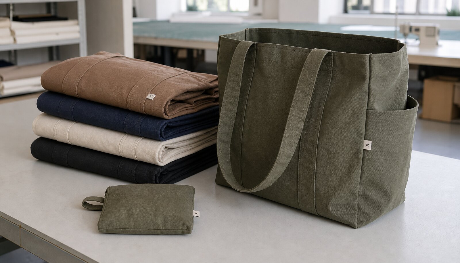 Foldable shopping bags with a simple CTM CottonToMaker logo shown in a factory sample room