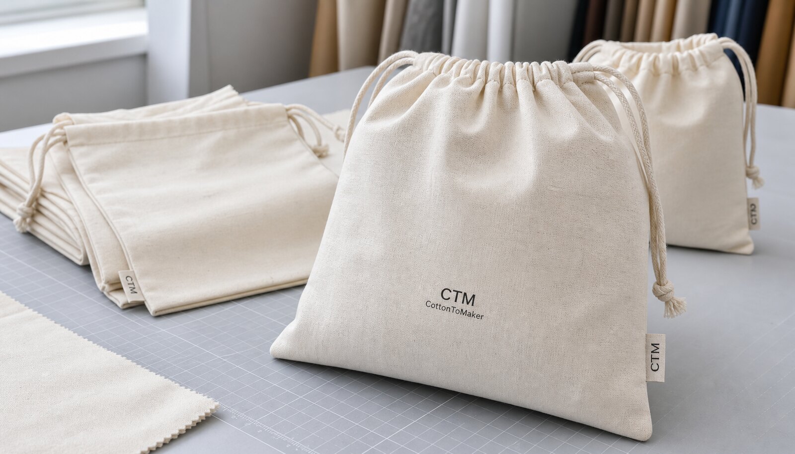 Photorealistic cotton drawstring pouches with a simple CTM sample logo in a factory sample room.