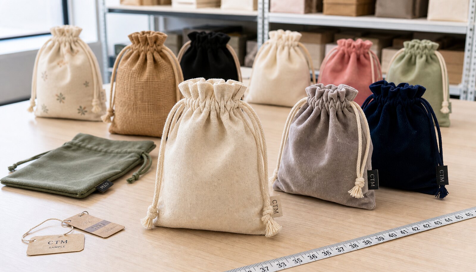 Sample gift drawstring pouches for events with a simple CTM logo in a clean factory sample room