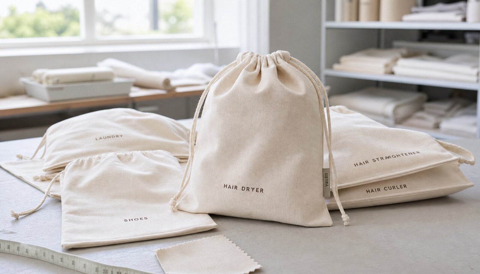 Photorealistic cotton drawstring pouches for hotels with a CTM sample side label in a clean factory sample room.
