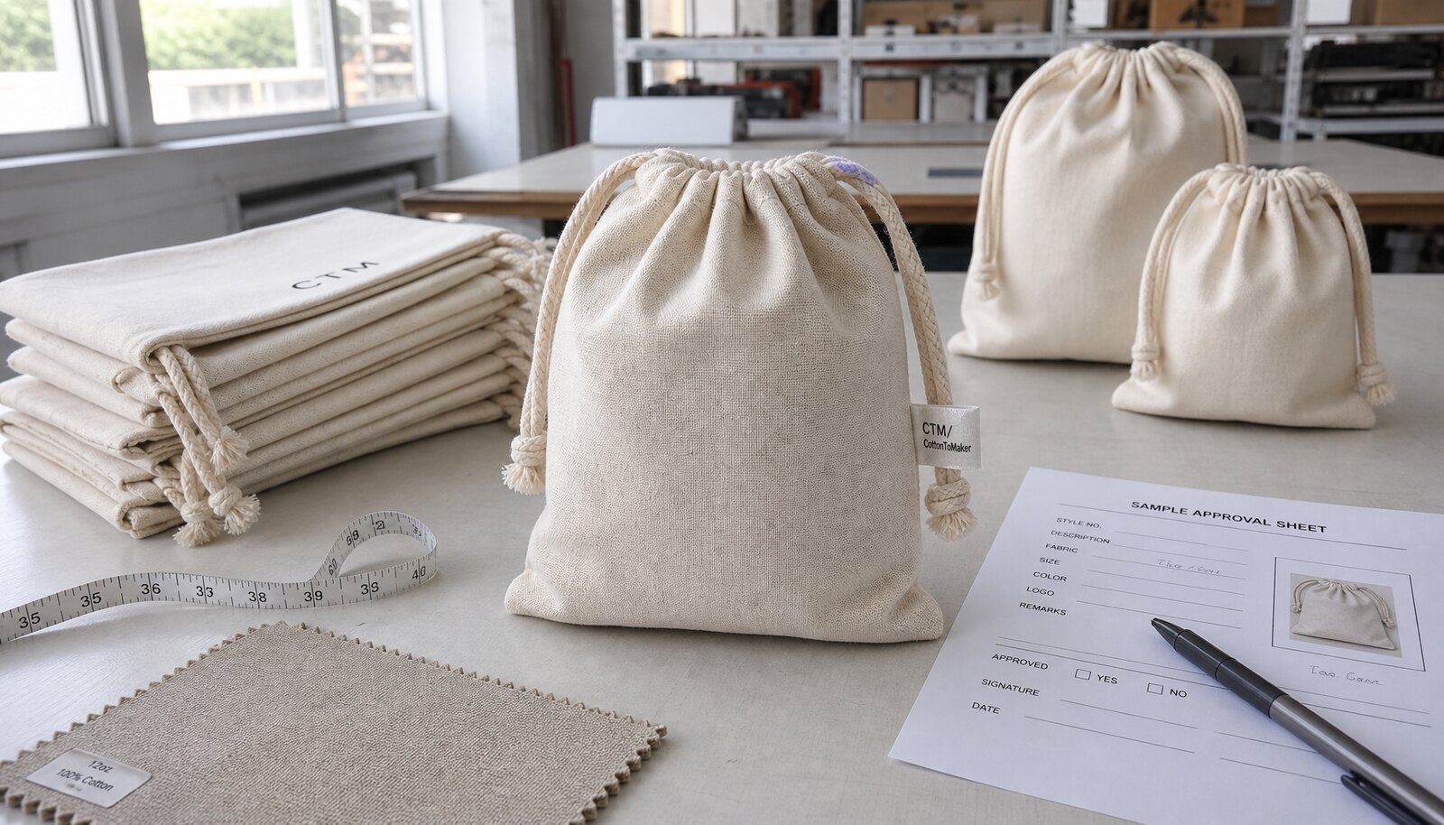 Natural cotton drawstring pouch with a CTM sample label in a factory sample room