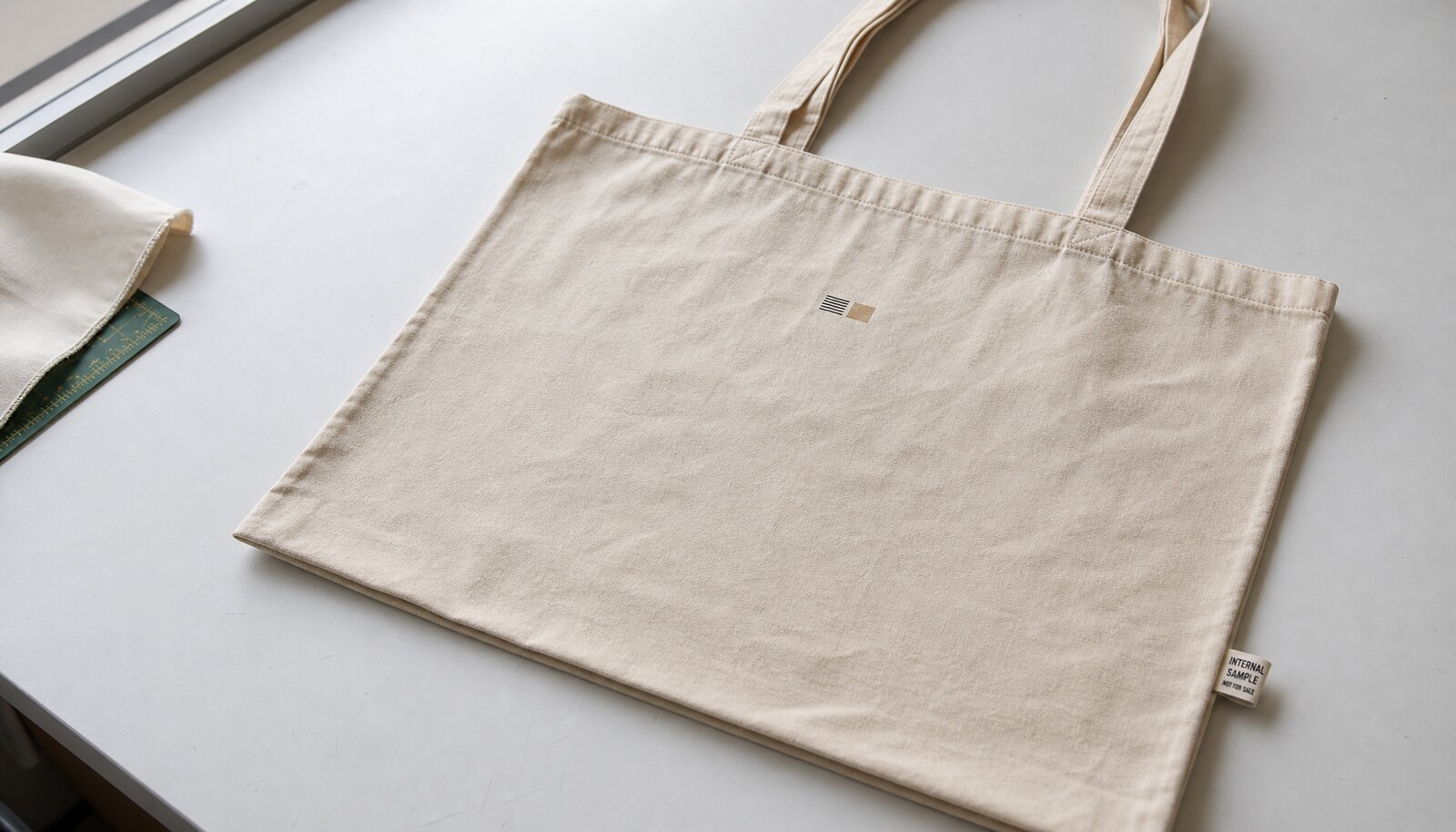 Photorealistic sample room image of a cotton tote bag with a simple CTM CottonToMaker woven side label