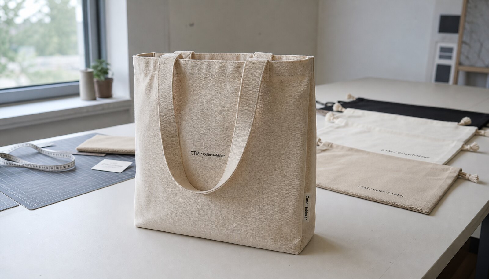 Natural GOTS cotton tote bags in a factory sample room with a simple CTM logo printed on the bag.