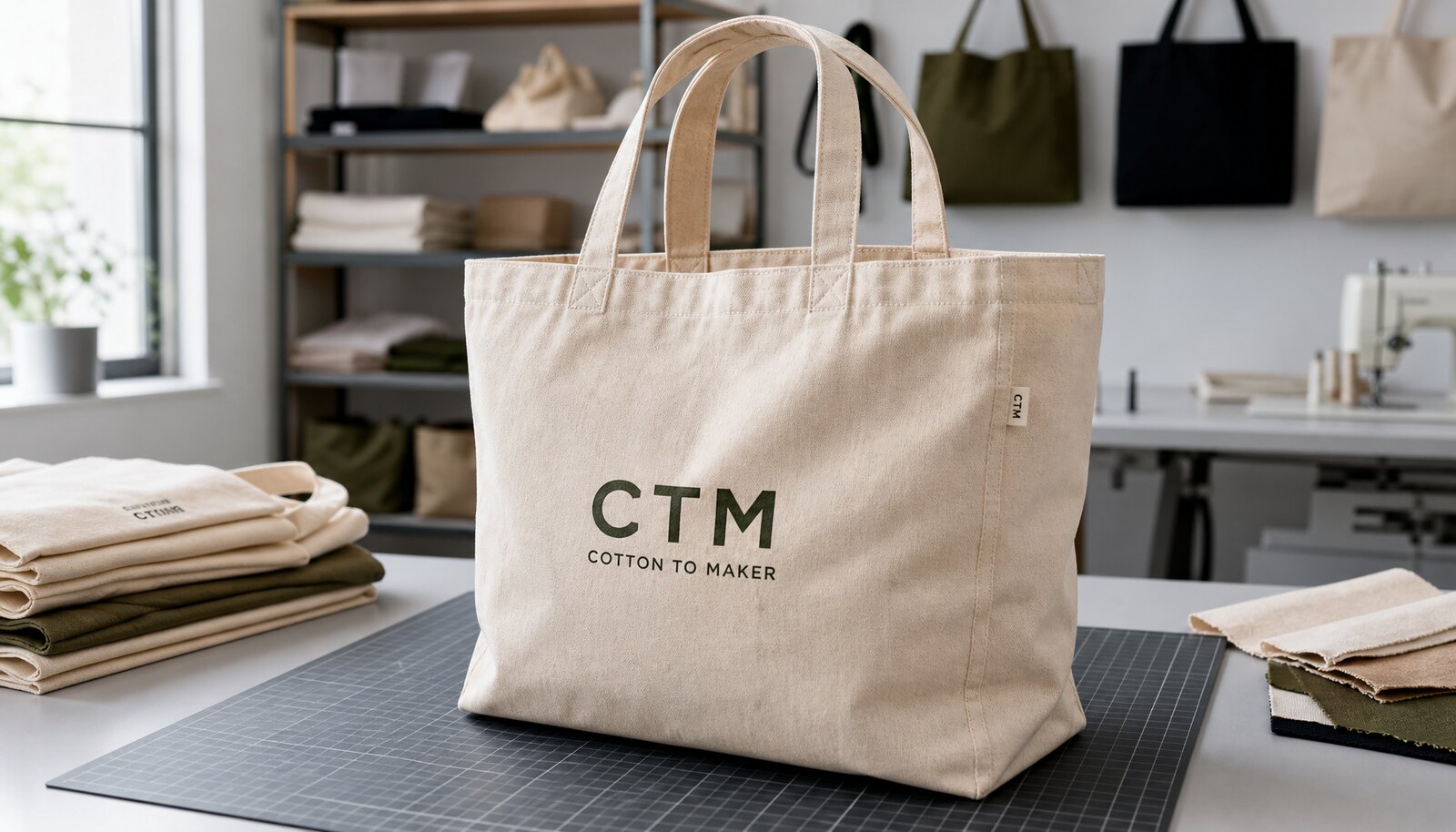 A reusable grocery shopping bag with a simple CTM sample logo shown in a clean factory sample room