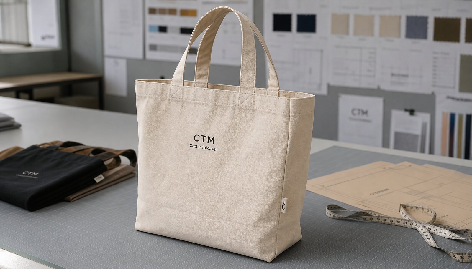 Reusable cotton grocery shopping bag with a simple CTM sample logo in a clean factory sample room.