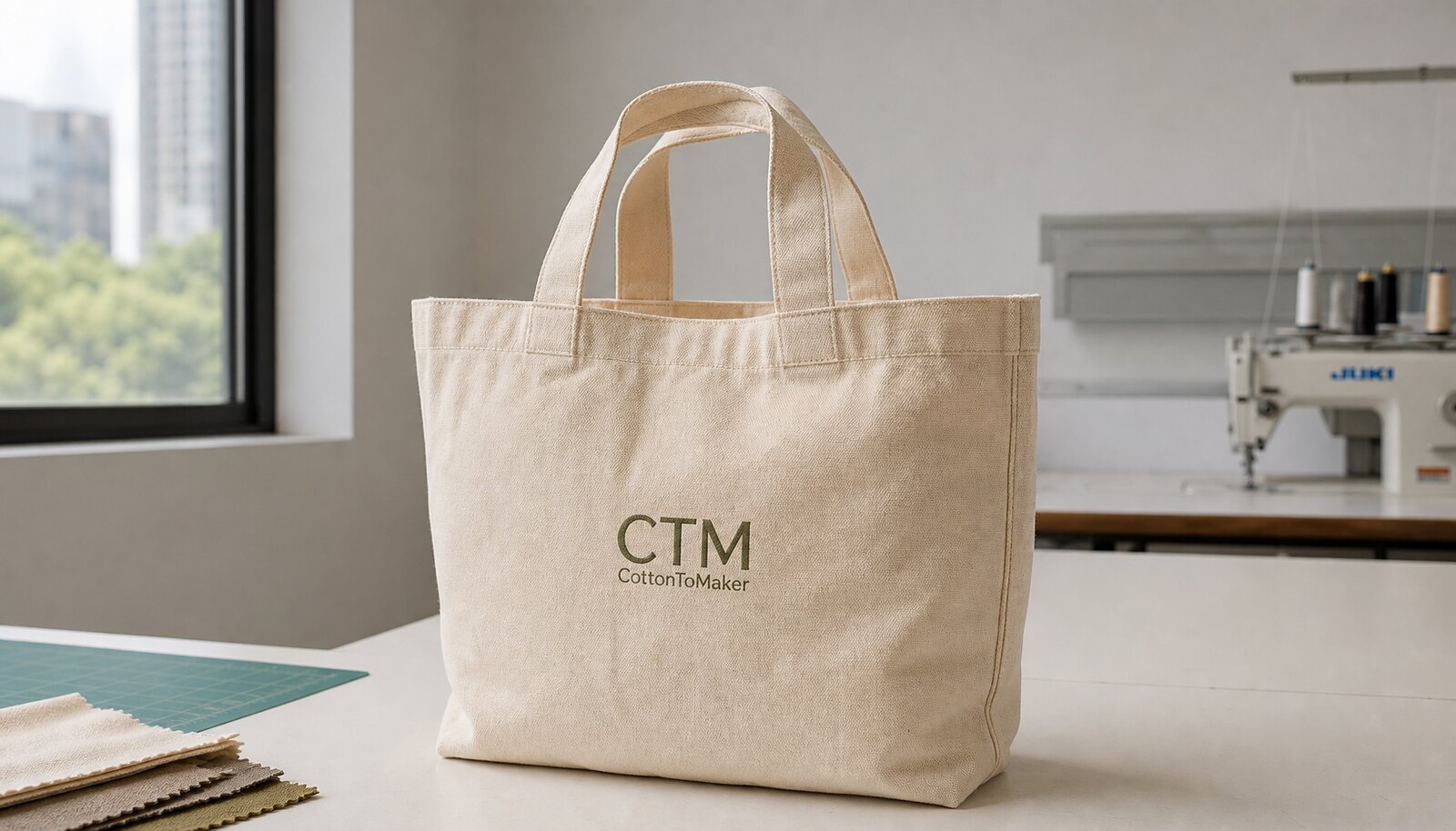 Photorealistic cotton grocery shopping bag sample with a CTM logo in a factory sample room