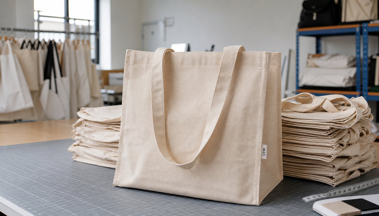 Reusable grocery shopping bags for events with a small CottonToMaker side label shown in a factory sample room