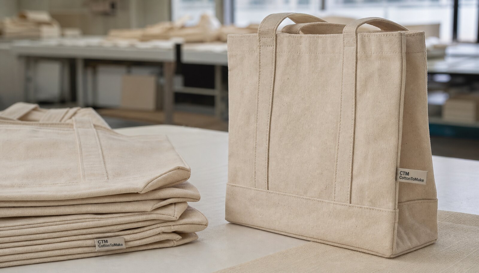 Gusseted canvas tote bags with visible side and bottom gussets and a CTM CottonToMaker sample logo