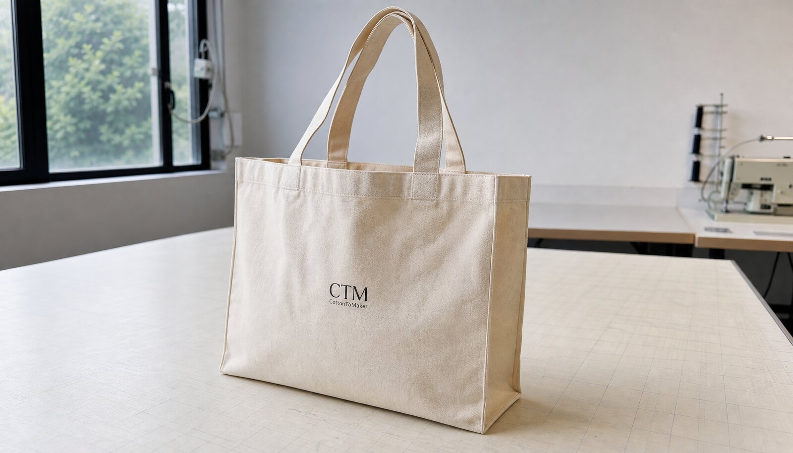 Gusseted canvas tote bag with CTM sample logo in a factory sample room