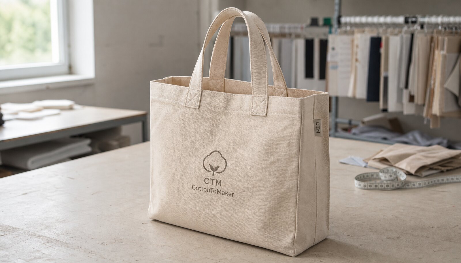 Gusseted canvas tote bag with CTM side label and sample logo in a factory sample room