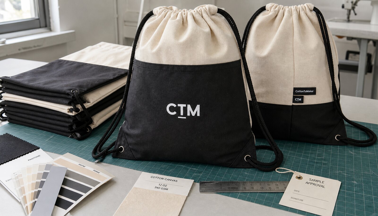 Custom gym drawstring backpacks with CTM logo print samples in a factory sample room