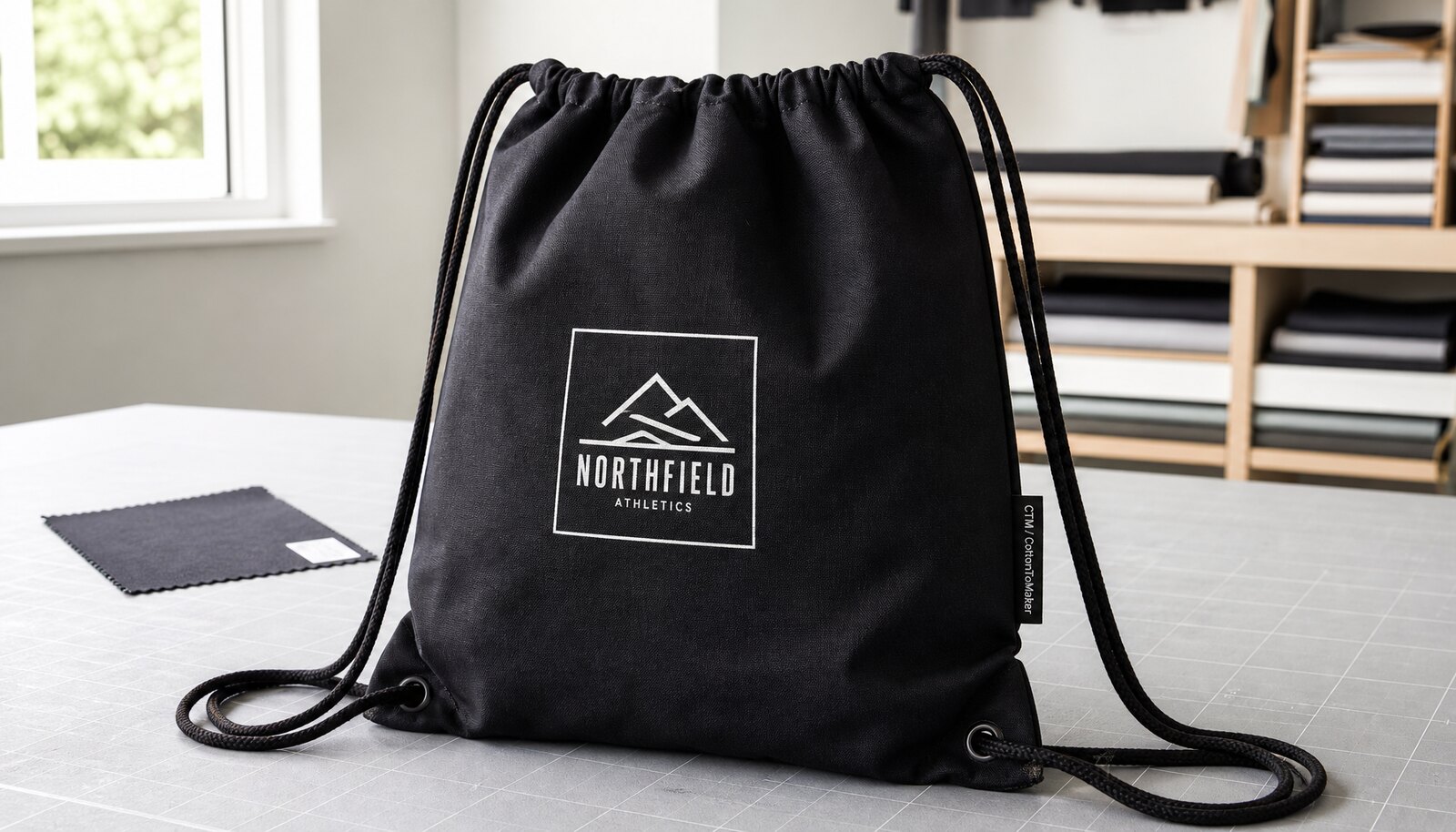 Black gym drawstring backpack with CTM CottonToMaker side label in a factory sample room
