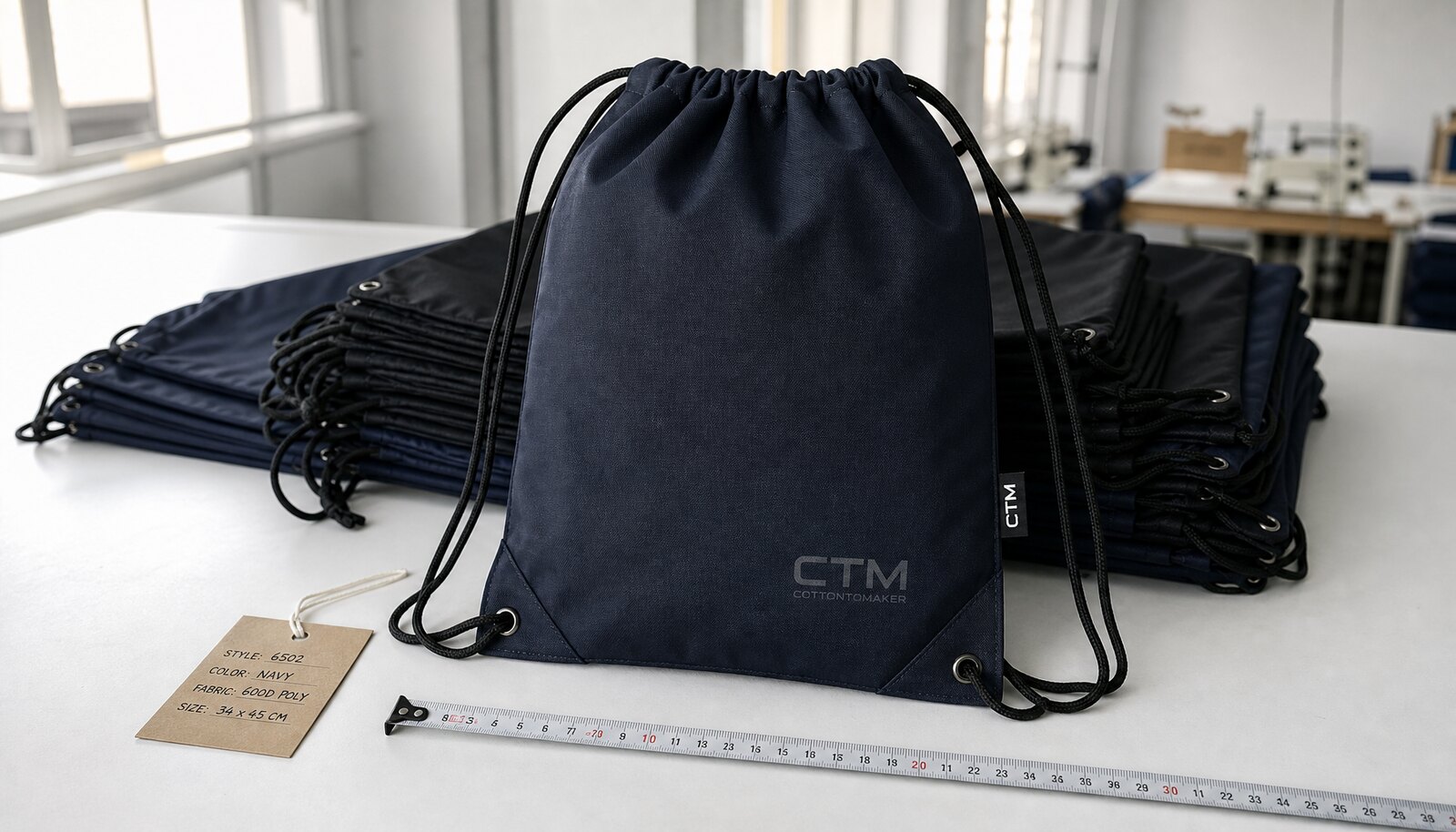 Photorealistic factory sample room image of gym drawstring backpacks with a CTM CottonToMaker logo and visible stitching