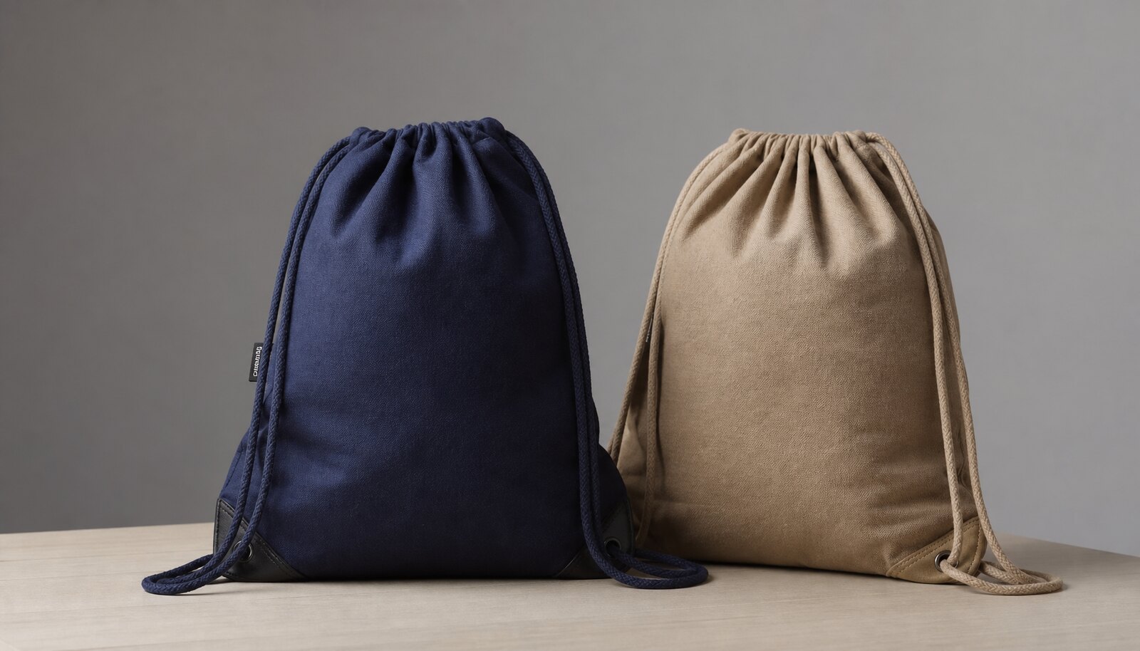 Photorealistic studio shot of hotel gym drawstring backpacks with a small sewn CTM/CottonToMaker side label.