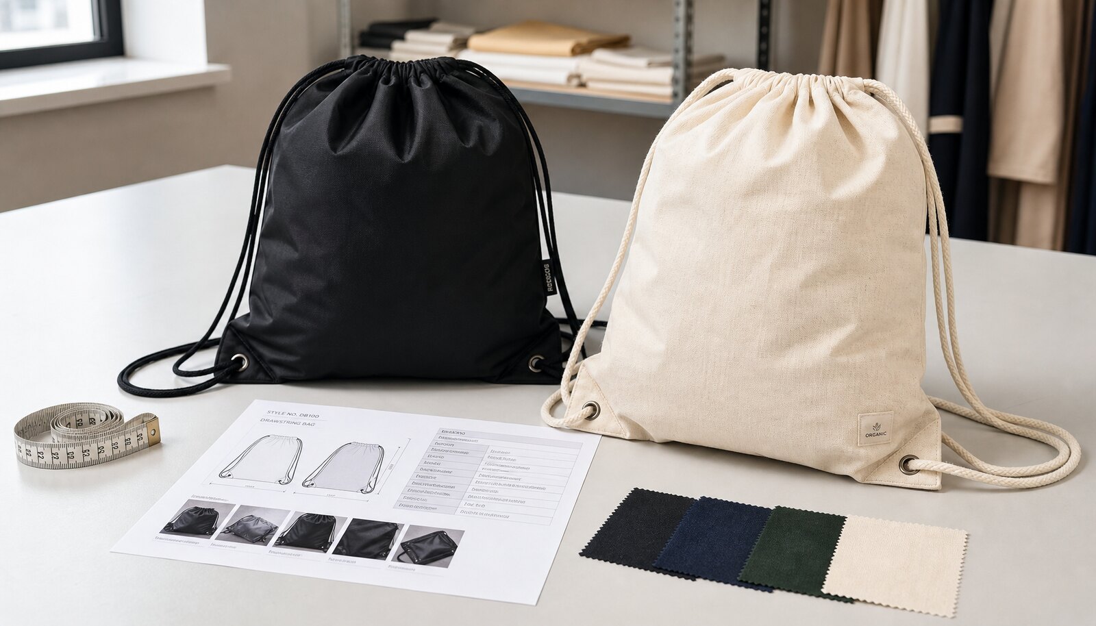 Gym drawstring backpacks for retail shown in a factory sample room with a small CTM/CottonToMaker side label visible