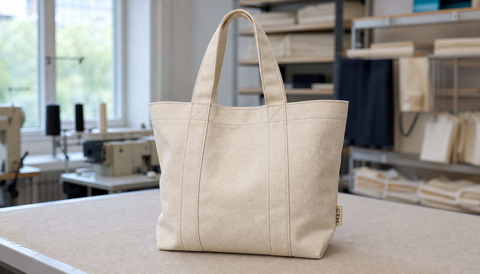 Photorealistic handmade canvas tote bag with a simple CTM sample logo in a factory sample room.