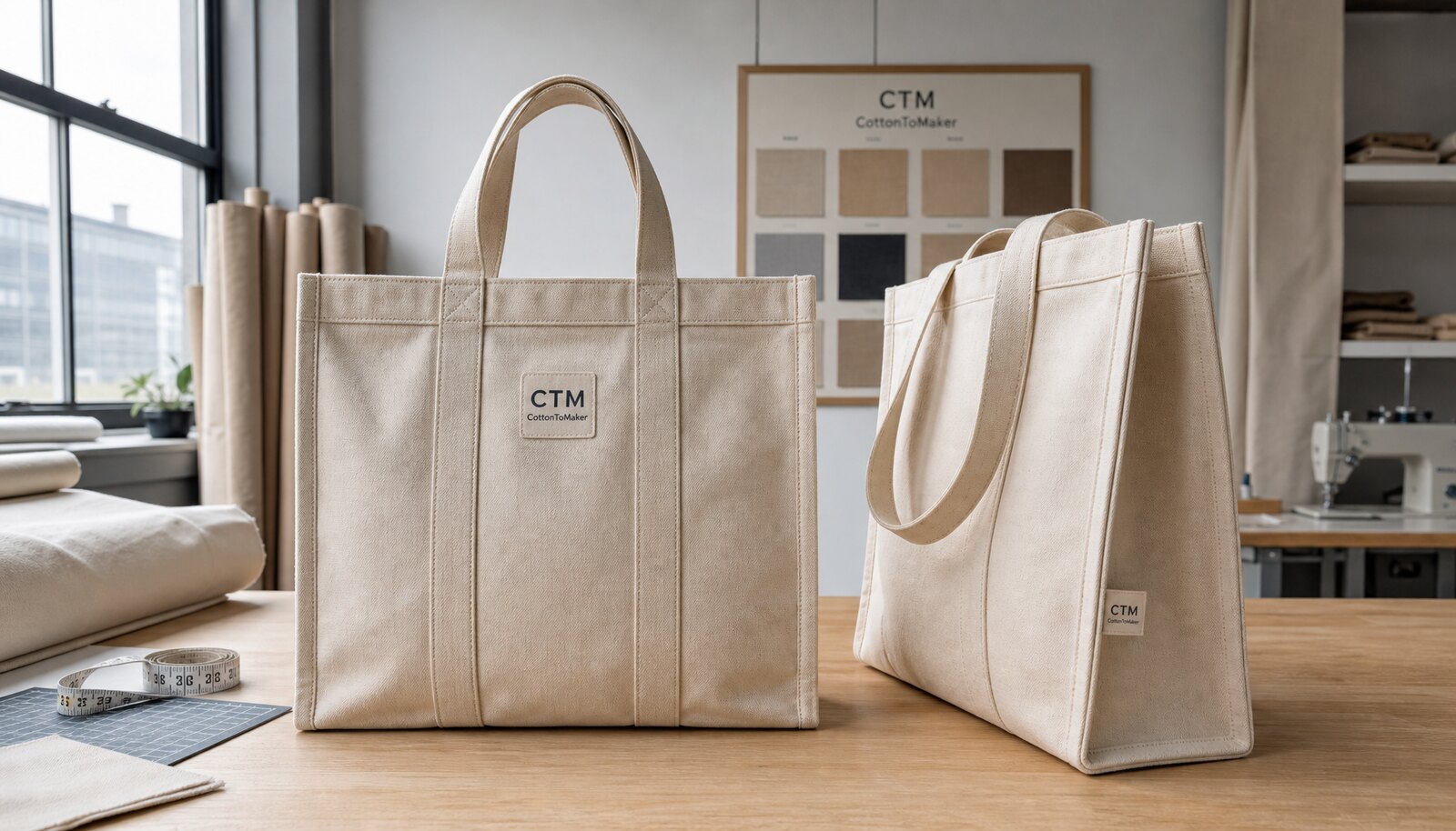 Heavy natural canvas grocery tote with CTM sample logo, shown in a factory sample room with visible stitching and woven side label.