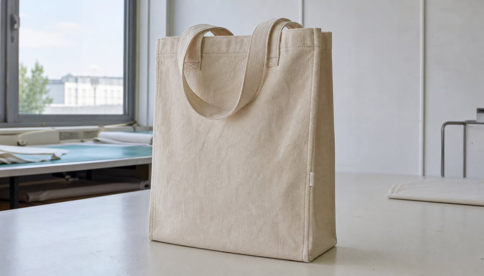 Heavy canvas tote bag with CTM CottonToMaker sample logo shown in a clean factory sample room