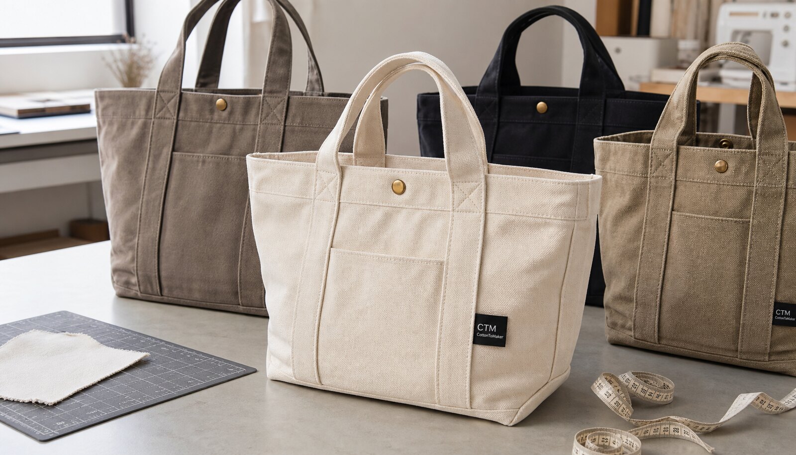 Heavy canvas tote bag sample with a sewn CottonToMaker CTM side label in a clean factory sample room