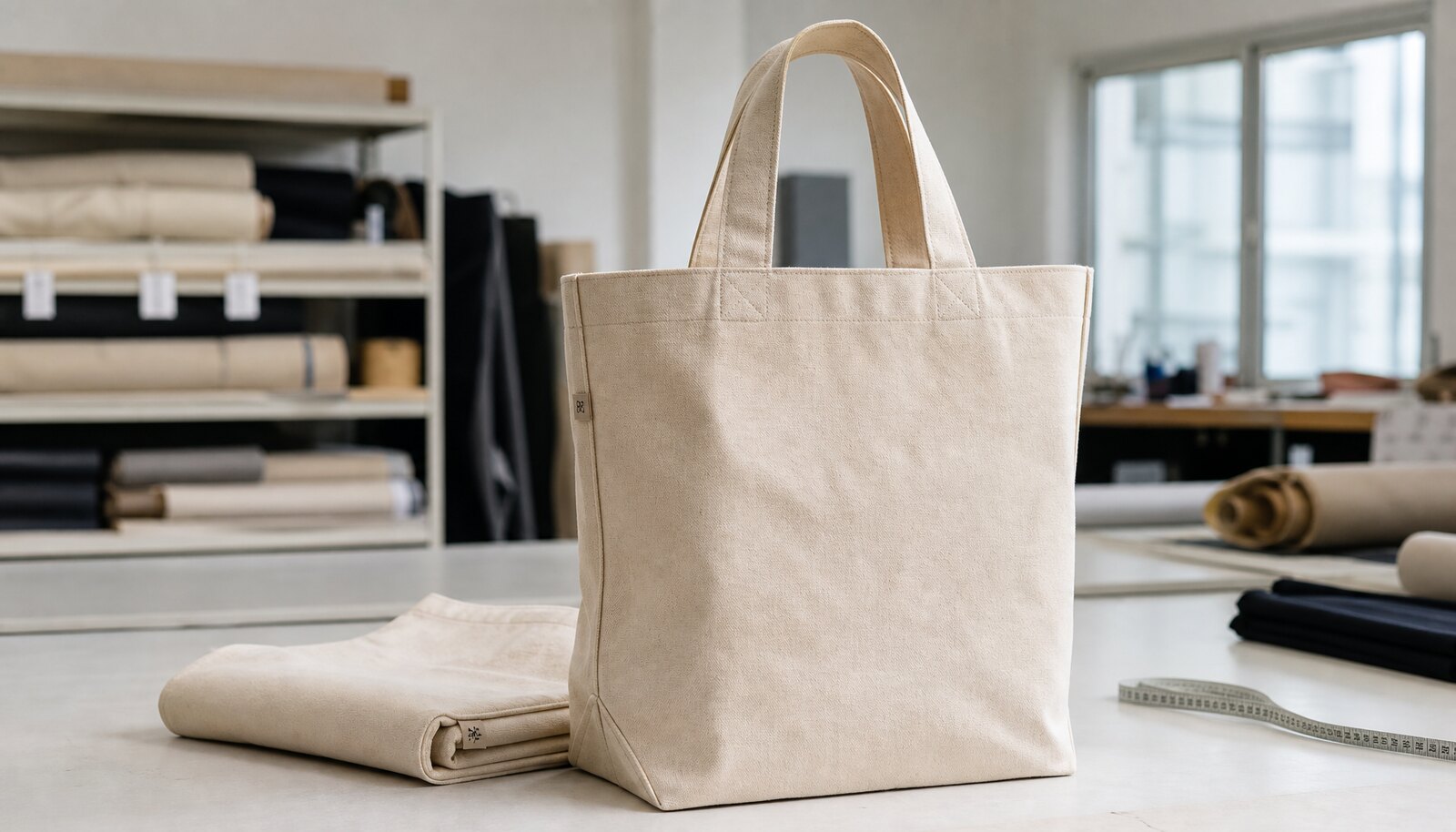 Heavy canvas tote bag sample with a simple CTM/CottonToMaker logo in a factory sample room