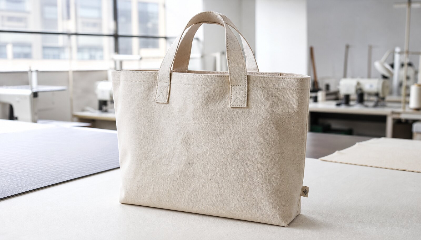 Heavy canvas tote bag with a small CTM/CottonToMaker logo shown in a clean factory sample room