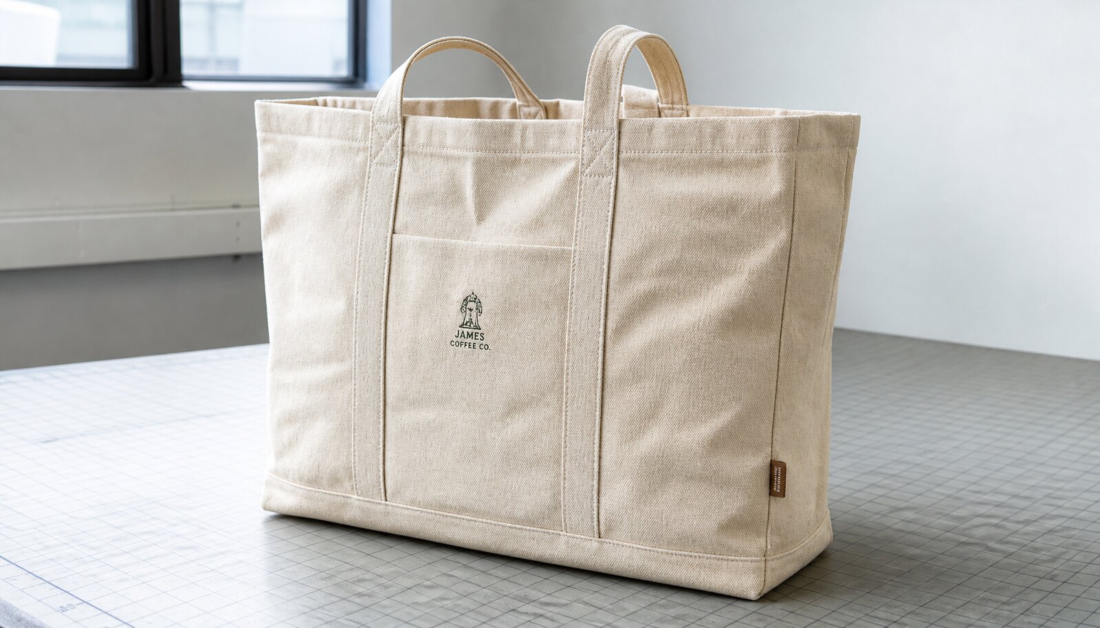 Heavy canvas tote bag with a simple CTM / CottonToMaker side label and one-color printed logo in a factory sample room