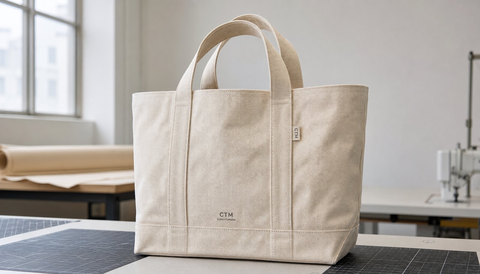 Heavy canvas tote bag sample with CTM CottonToMaker logo shown in a factory sample room