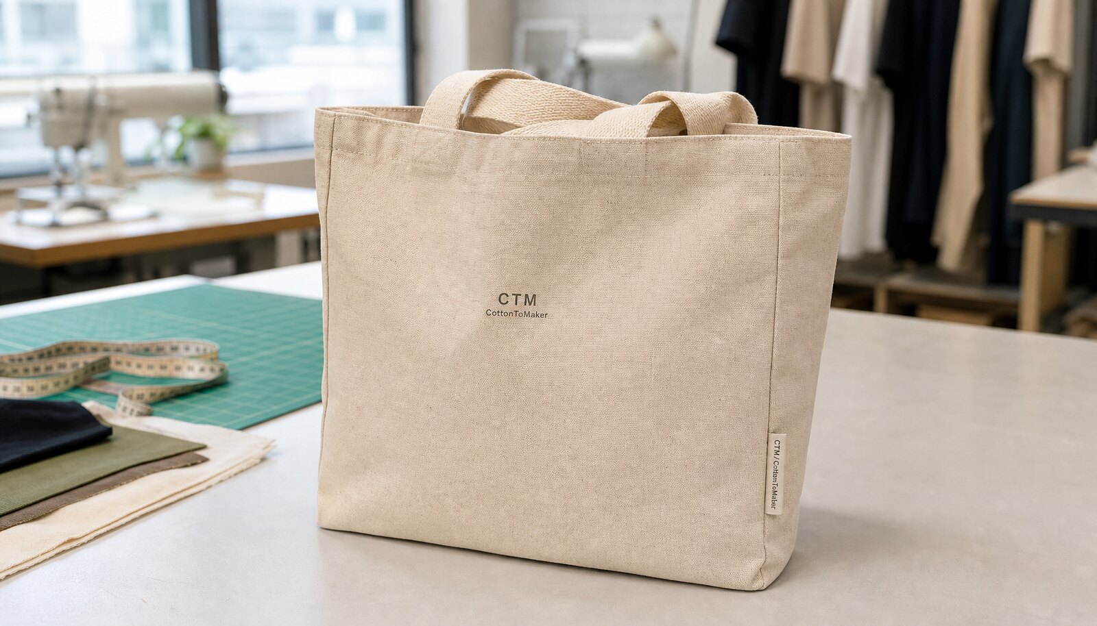 Heavy canvas tote bag with a small CTM CottonToMaker side label shown in a clean factory sample room