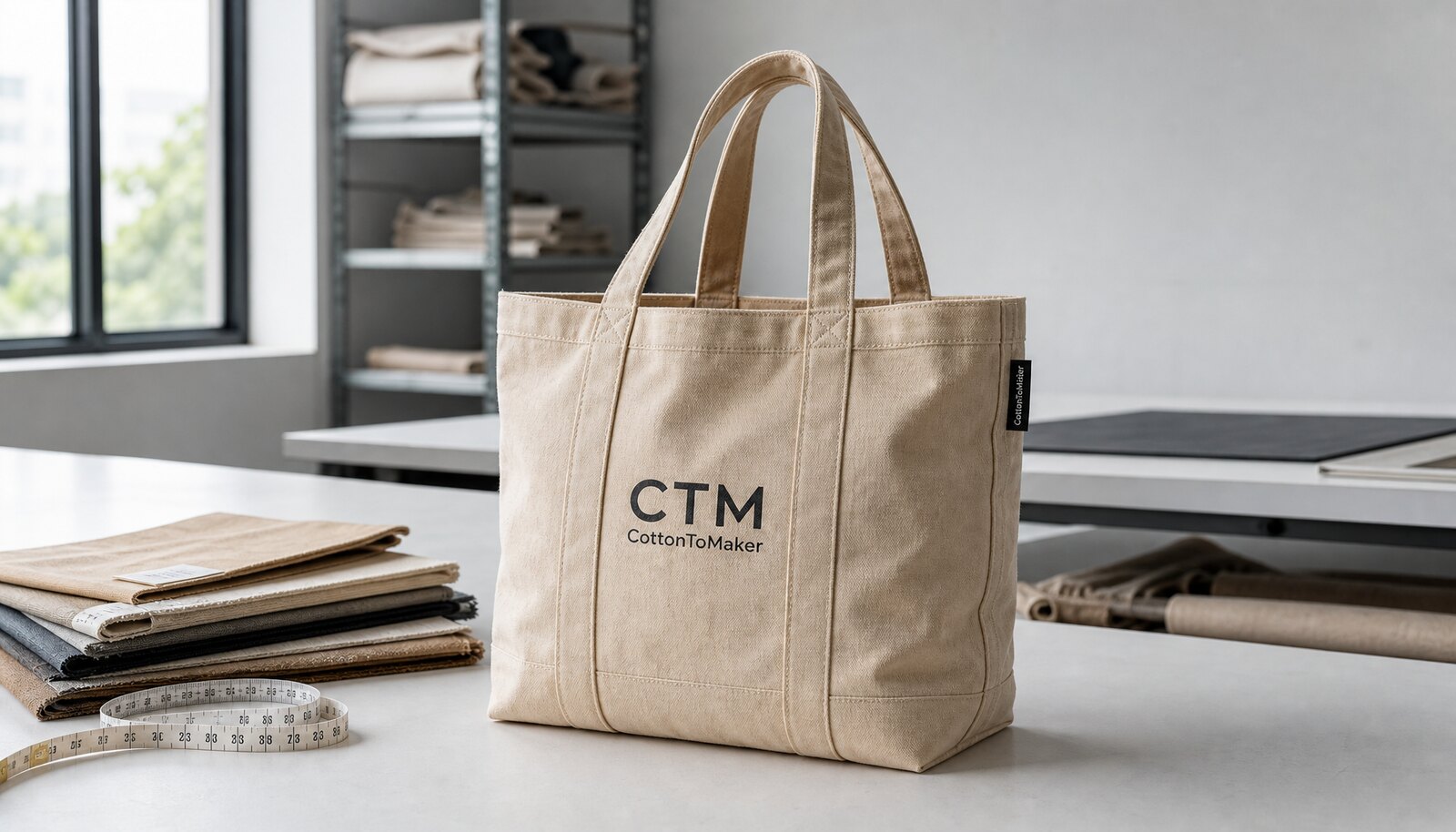 Heavy canvas tote bag with a simple CTM sample logo in a factory sample room