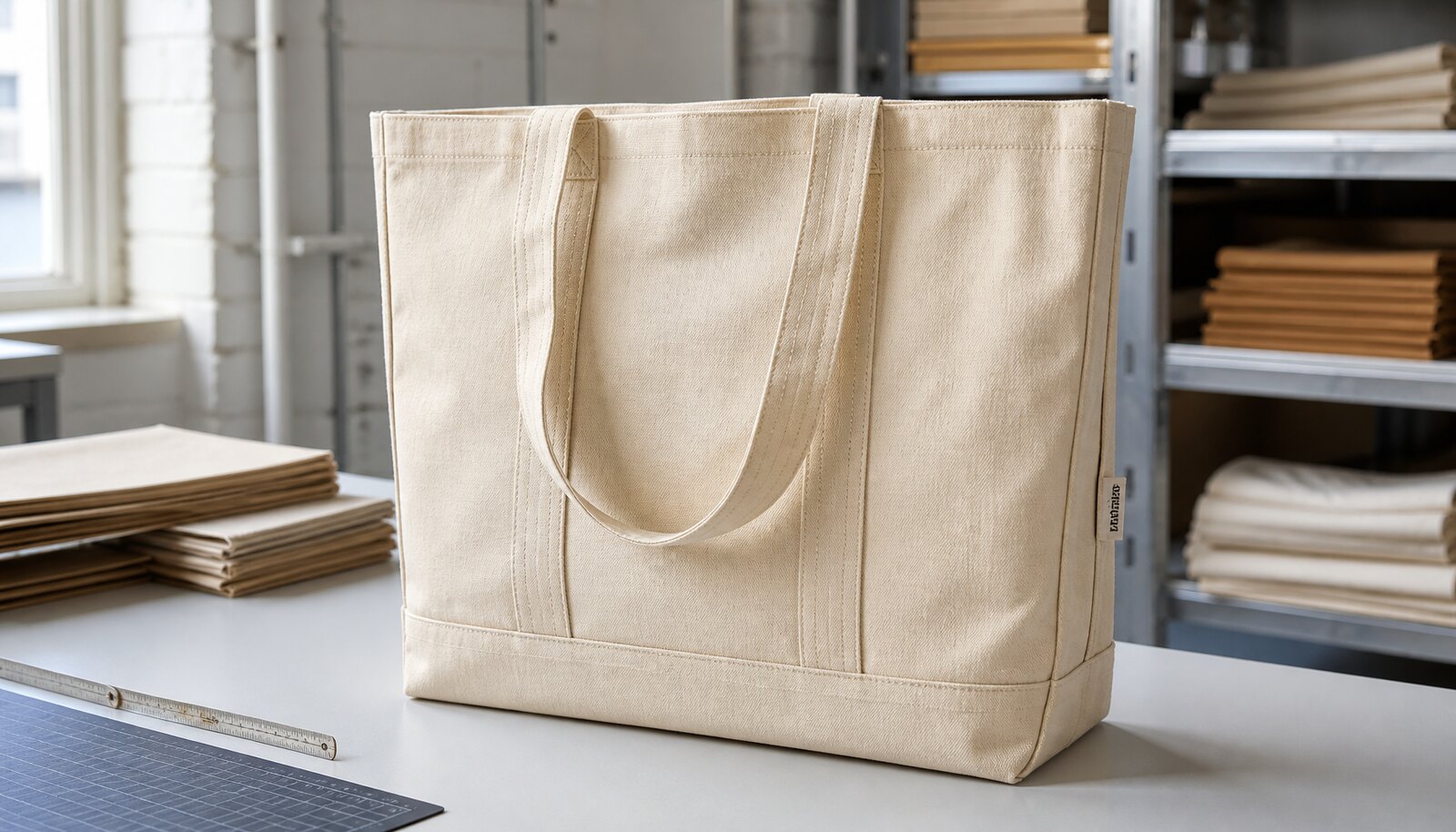 Heavy canvas tote bag with a small CTM CottonToMaker sample logo shown in a clean factory sample room