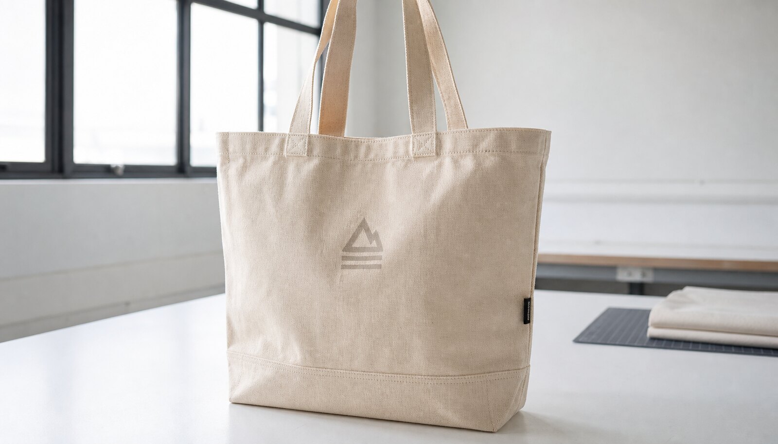 Heavy canvas tote bag with a small CottonToMaker side label, photographed in a clean factory sample room