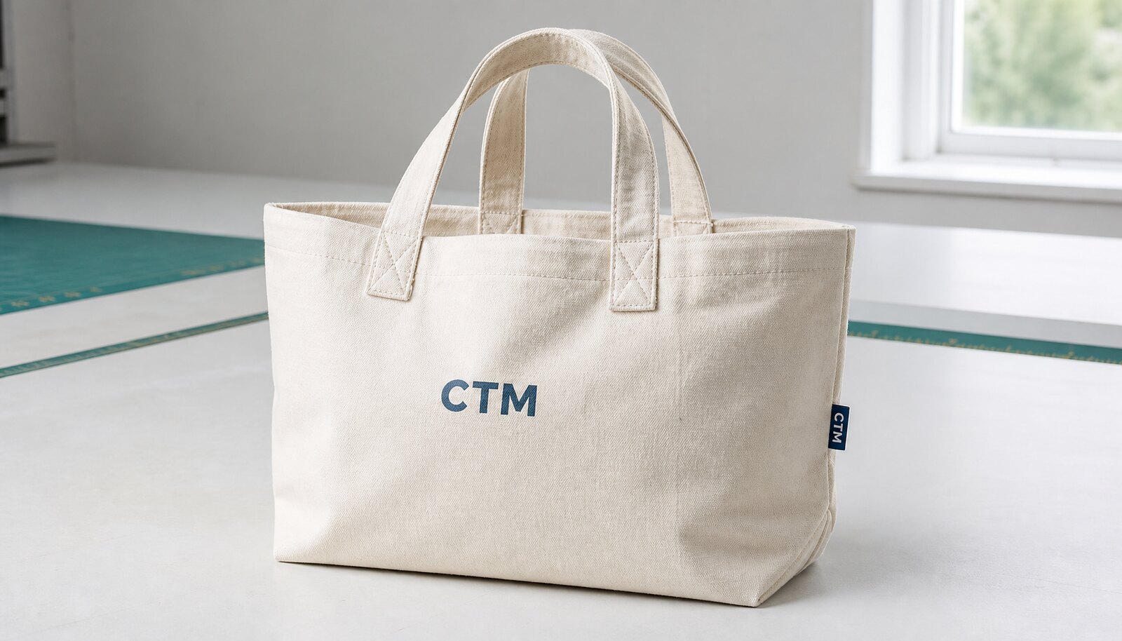 Heavy canvas tote bag for bookstores with a simple CTM logo printed on the front in a clean factory sample room