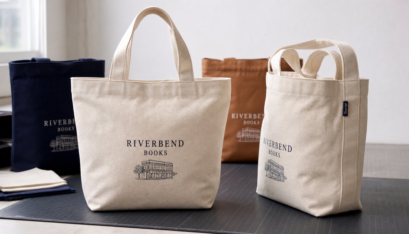 Heavy canvas tote bags with a small CTM sample logo shown in a clean factory sample room for bookstore retail launch sourcing
