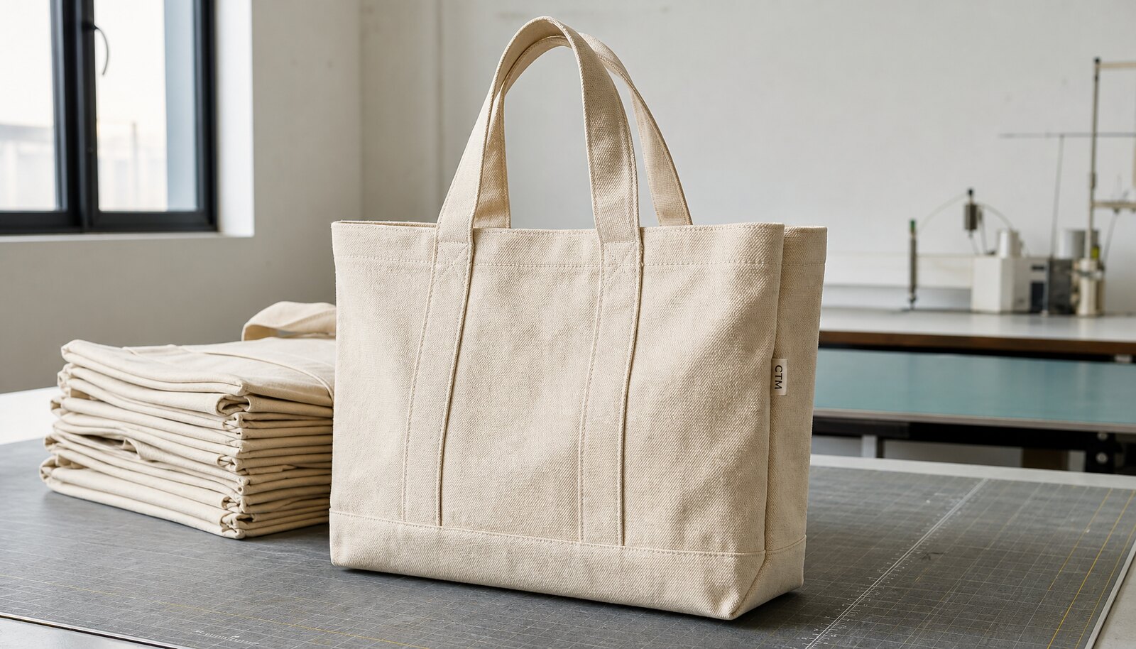 Heavy canvas tote bag in a factory sample room with a simple CottonToMaker sample logo on a side label